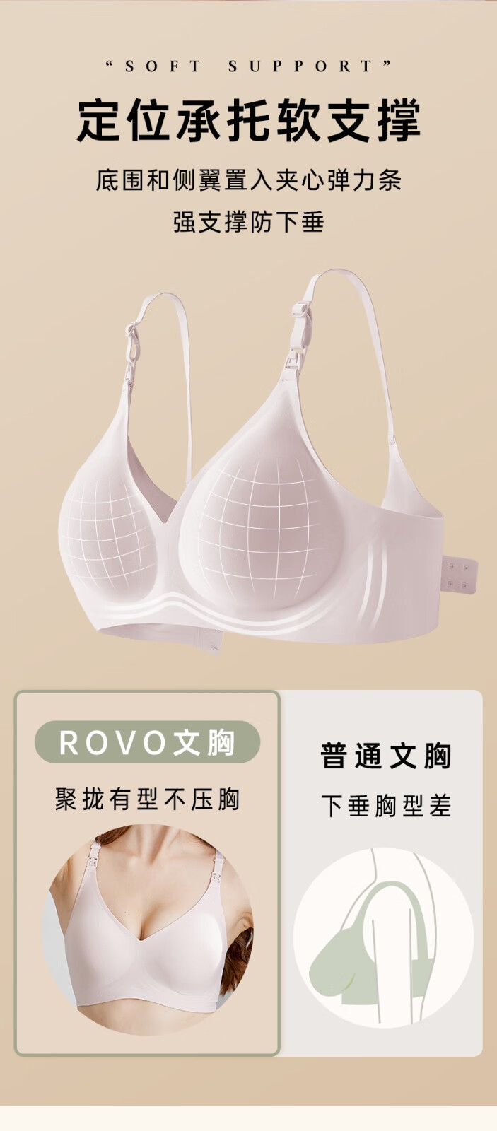 ROVO哺乳内衣孕妇期专用聚拢产后喂乳文收副无痕胸罩裸感奶无痕收副乳文胸罩 裸感肤 L详情图片10