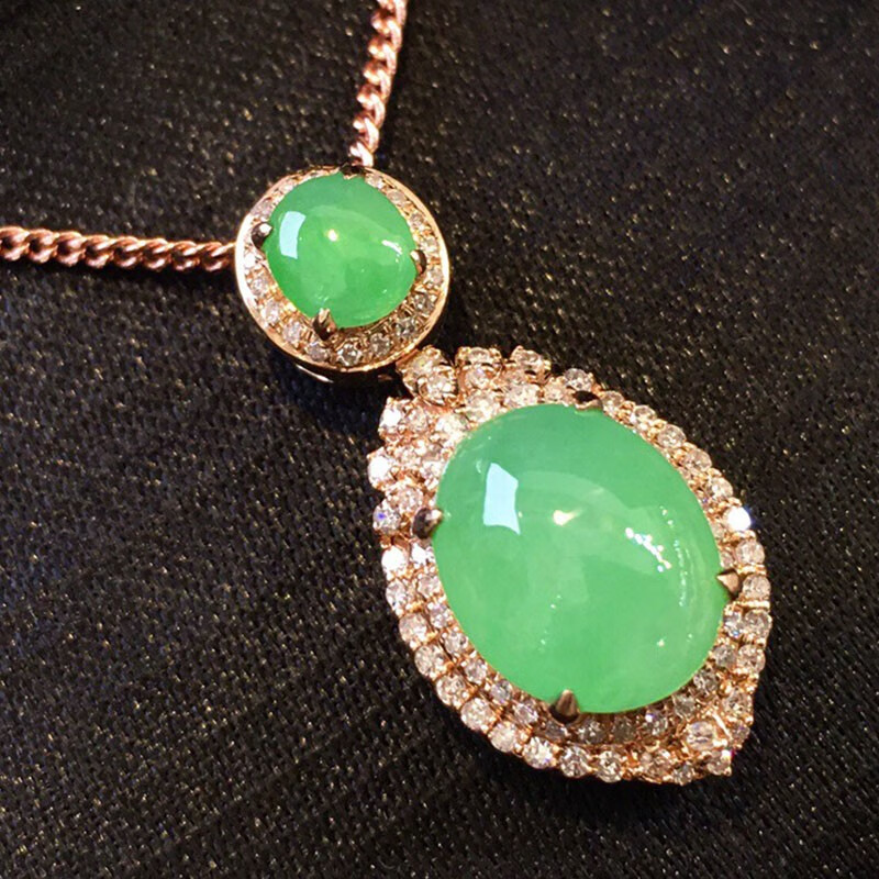 月亮阿姨翡翠冰阳绿蛋面组合吊坠18k镶嵌缅甸a货翡翠女款送老婆送妈妈