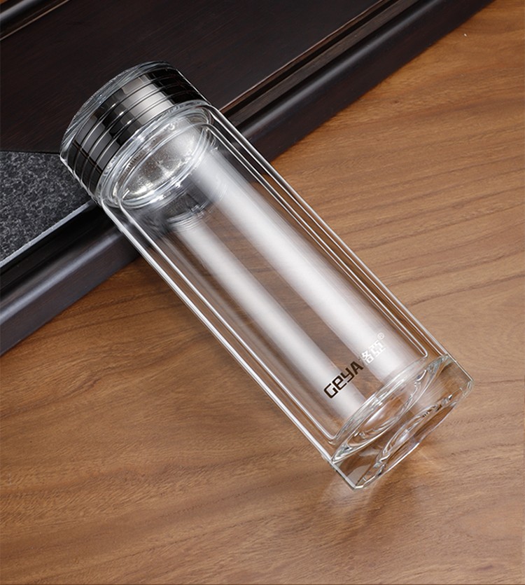 geya格亚玻璃杯茶杯男士高档水杯纯钛滤网泡茶杯商务办公水晶杯双层