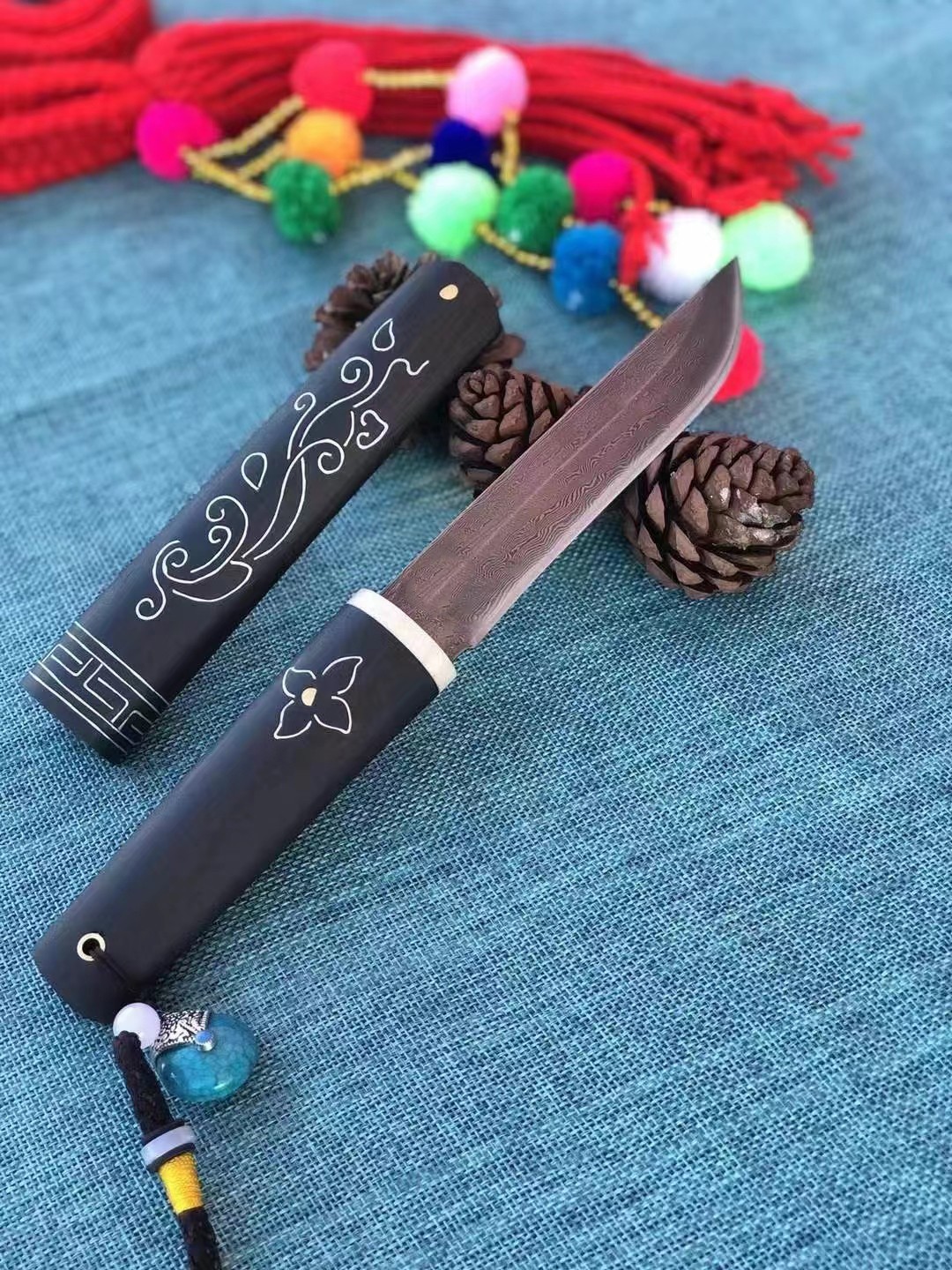 硕哥 百炼花纹钢直刀大马士革小刀户外用刀野营随身刀具黑檀木手柄