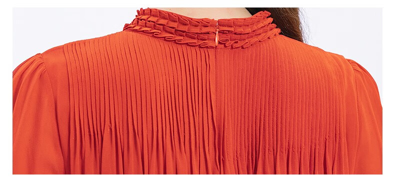 voa桑蚕丝乔其纱砖红色塔克褶显瘦减龄设计双层面料中长款真丝连衣裙