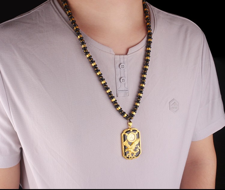 玉悦东海 黄金大展宏图吊坠男999足金和田玉金镶玉老鹰雄鹰吊坠金项链