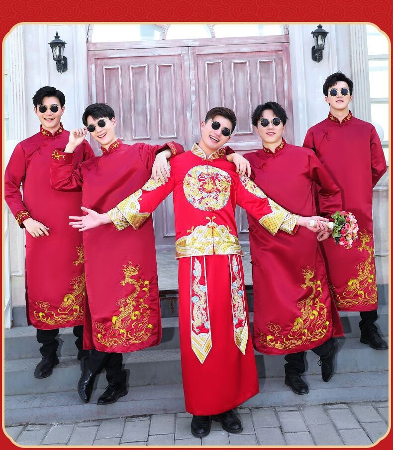 柠潮伴郎服中式结婚礼服长衫兄弟团接亲服装男中国风长袍大褂唐装马褂