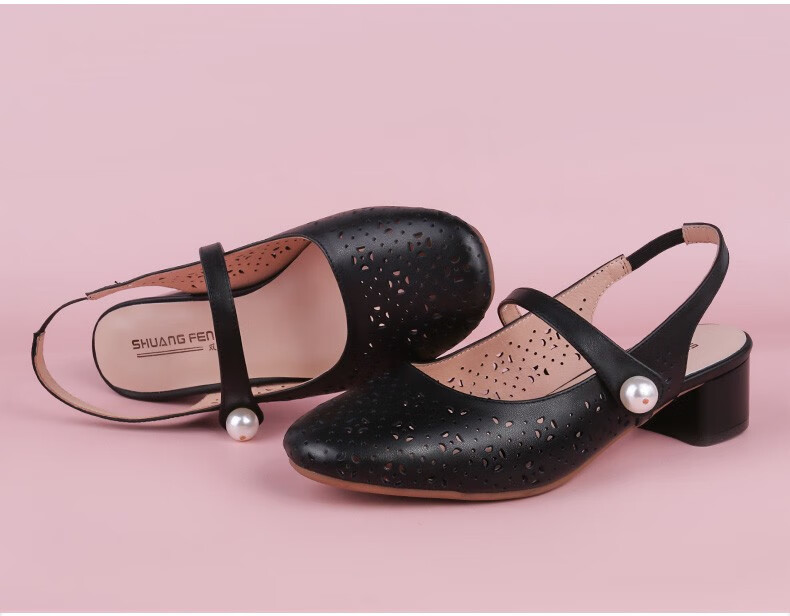 双凤2022夏季新款舒柔凉鞋女仿珍珠包头方跟牛皮女鞋62f-2540 黑色 35