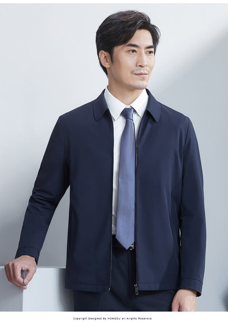 红都男士夹克中老年翻领商务正装领导风正装上班男装爸爸装外套 藏