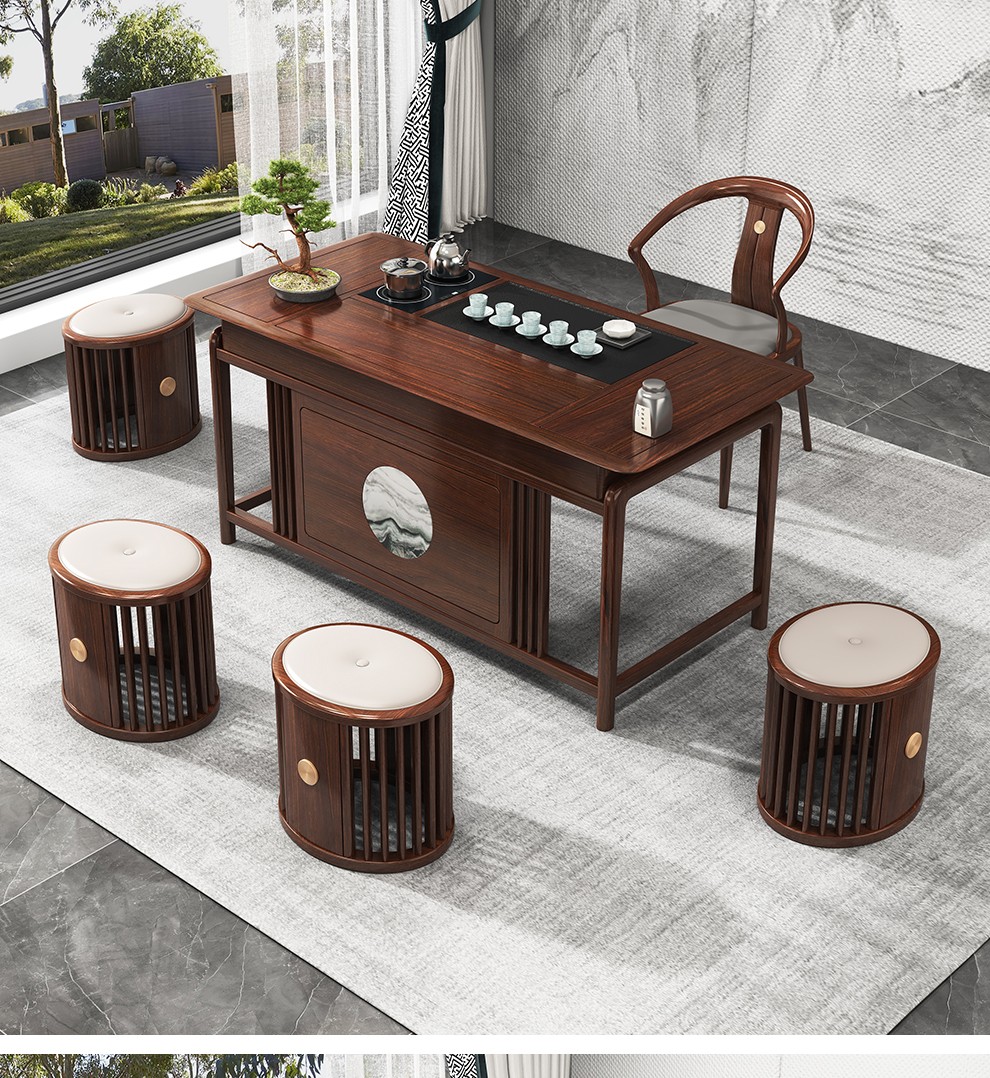 欣诗雅实木茶桌乌金木茶台岩板茶桌阳台功夫茶几桌新中式茶桌椅组合