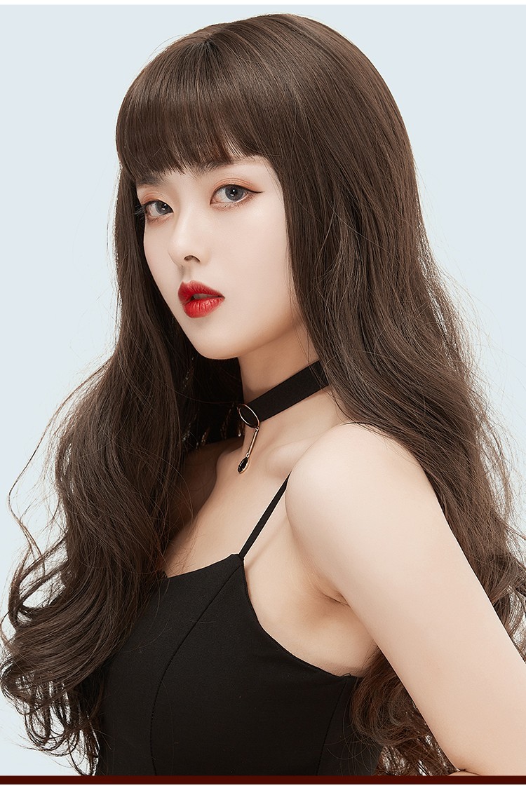 卷发大波浪全头套女士发套自然逼真隐形头套式假发 齐刘海浅棕色 护理