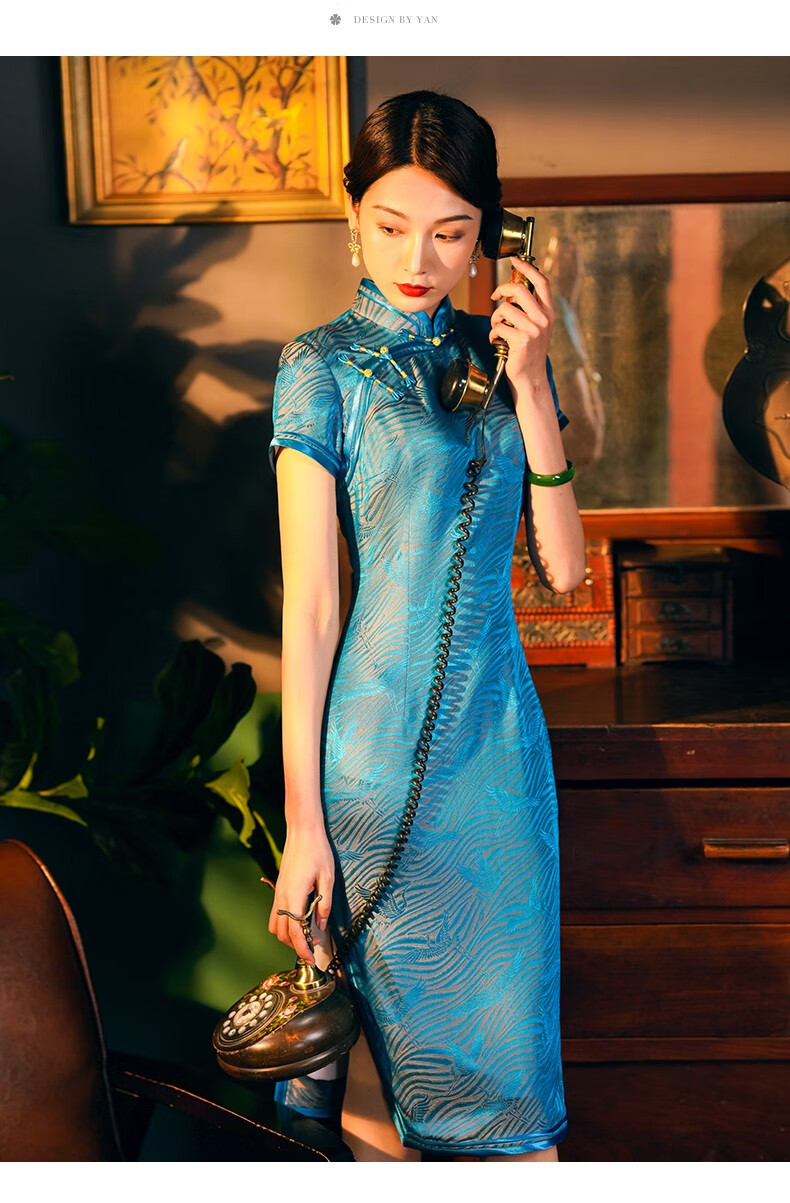 瑟俐品牌高端重磅真丝旗袍2022年桑蚕丝夏小个子改良版蓝色连衣裙中长