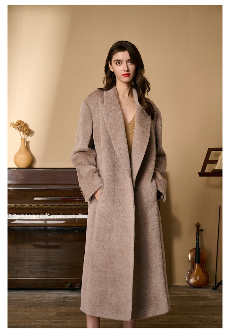 瑟俐品牌高端通勤燕麦色苏力双面羊驼绒大衣女中长款加厚毛呢外套冬季