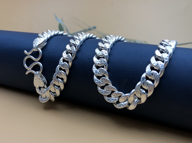 梦至尊s999男士马鞭项链实心福字古巴平链男款足银个性霸气潮人银饰