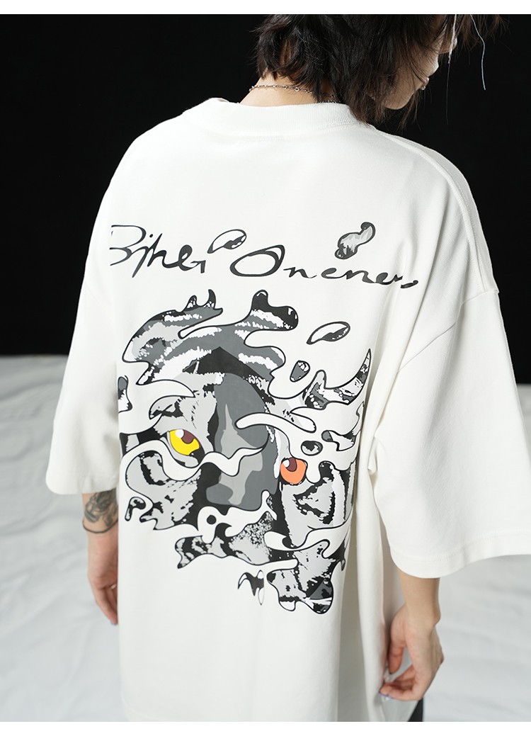 bjhg不计后果夏季255g重磅抽象艺术老虎印花短袖t恤男潮流宽松上衣