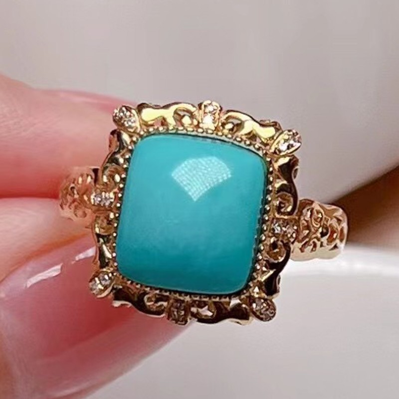 慈心缘绿松石高瓷高蓝玉化料方型戒指18k金镶嵌女士戒指女戒送生日