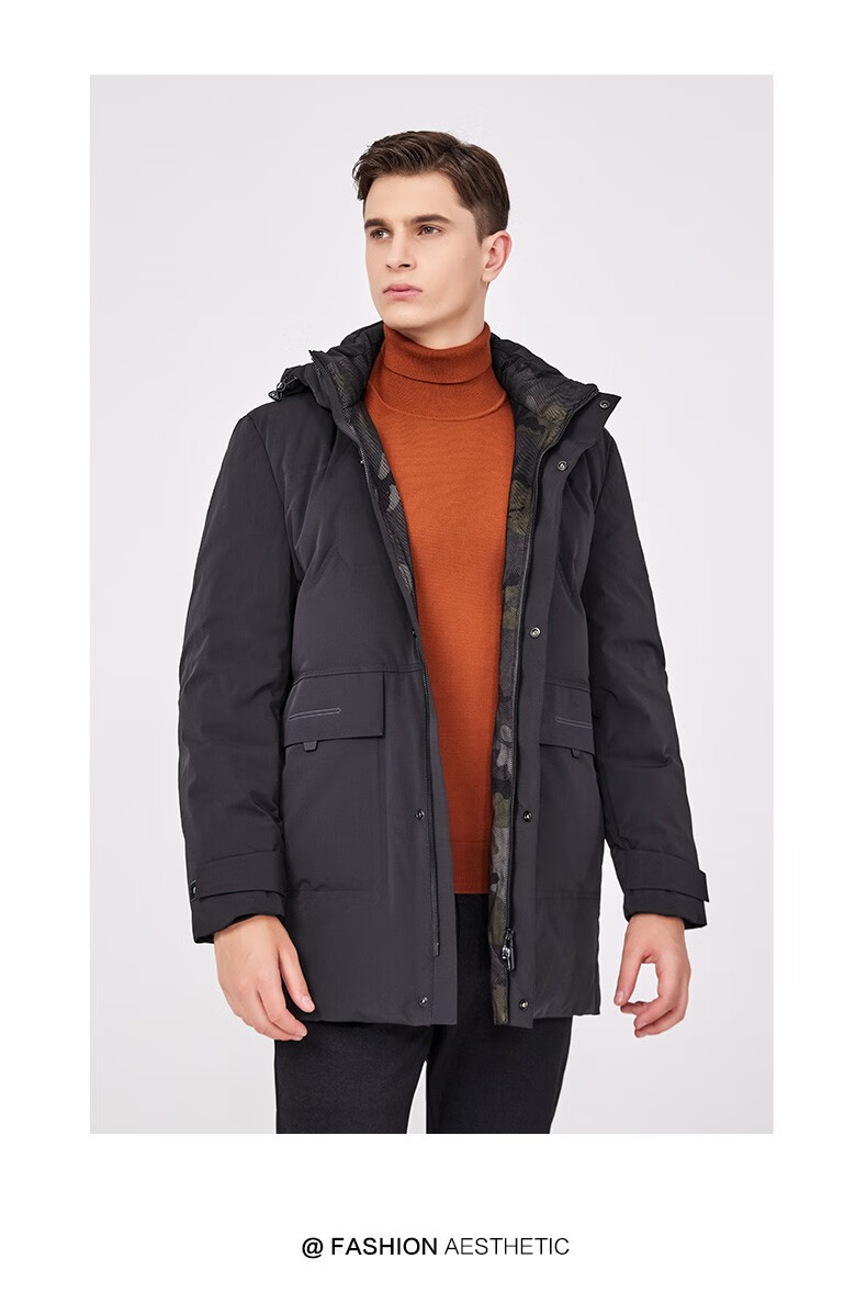 斯得雅(stava)男士羽绒服冬季连帽新款男装保暖纯色中长款外套男御寒