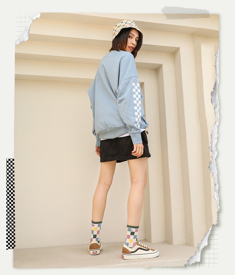 vansvans范斯官方 米白色彩色棋盘格女子长袜滑板初学者 米白色/粉色