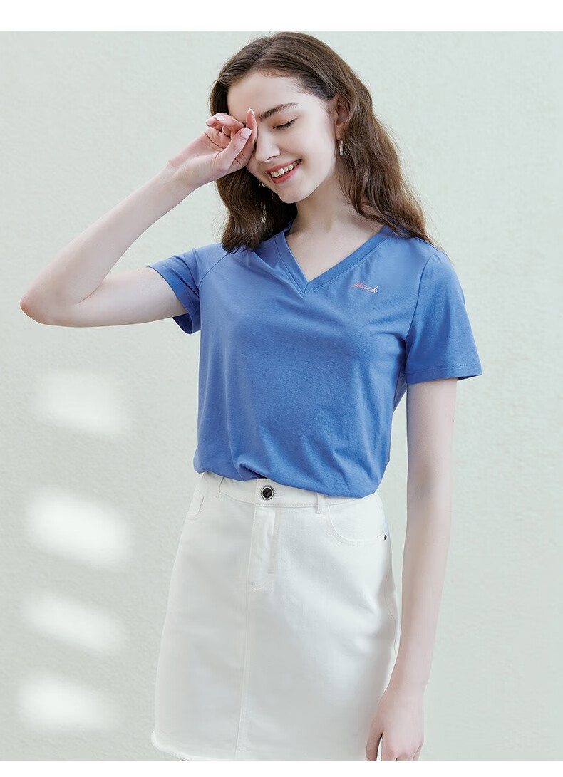 衣衫妙影短袖t恤女2021夏季新品v领短袖修身显瘦气质百搭舒适上衣蓝色