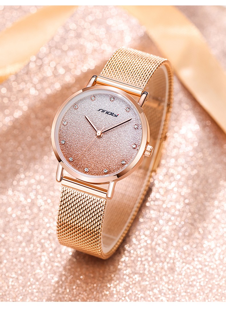 时诺比sinobi手表女防水粉盘玫瑰金钢带欧美学生女士手表520礼物送