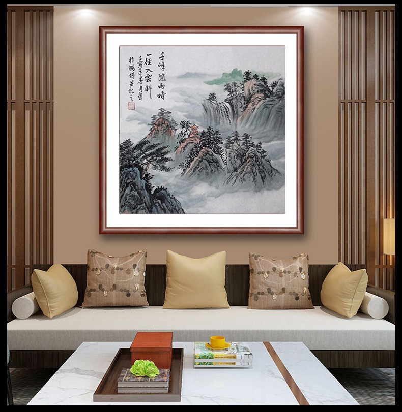 韵言 手绘国画斗方正方形山水水墨小品画中式传统招财装饰挂画 01雨余