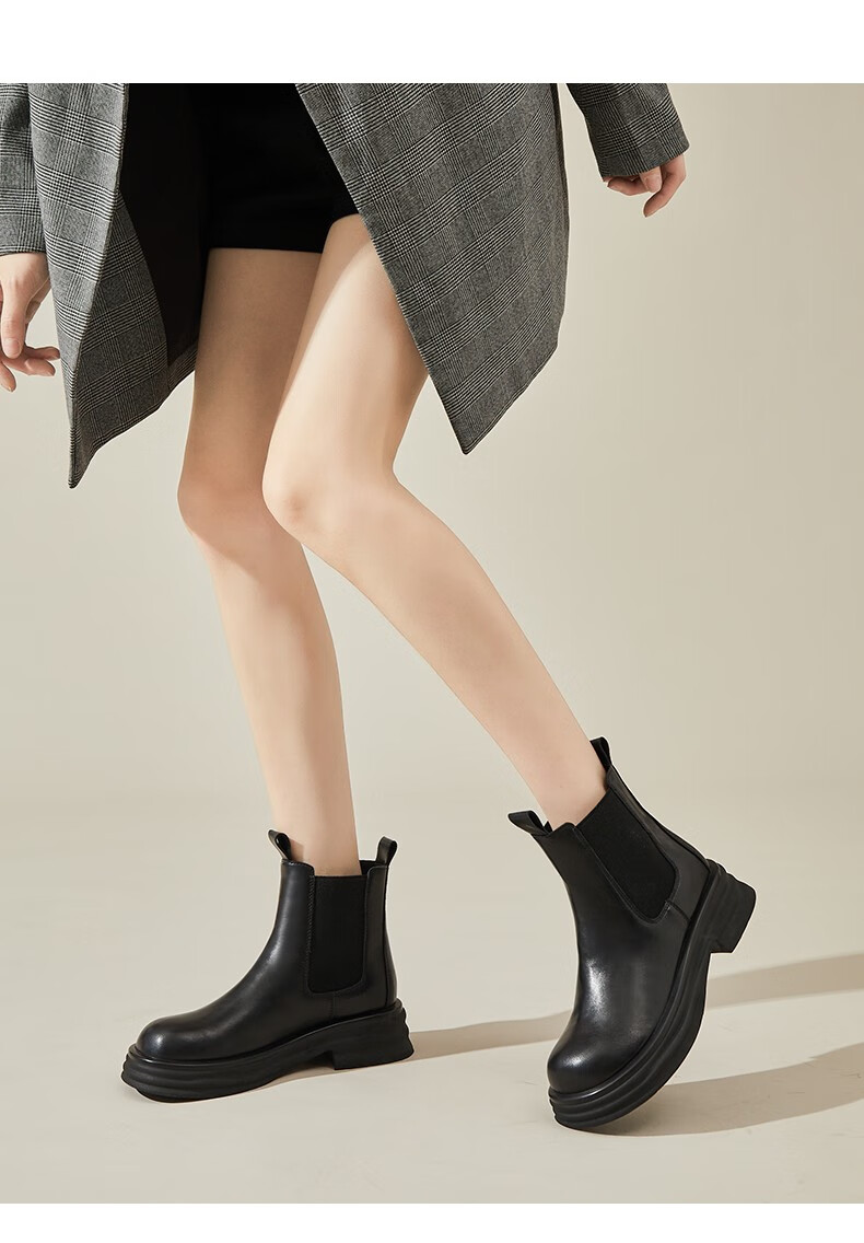 达芙妮切尔西女靴秋冬法式小短靴秋季皮单靴2022年新款女鞋加绒保暖