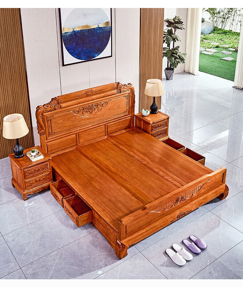 传古匠烫蜡实木大床金花i梨木格木全实木双人床主卧家具加厚1.