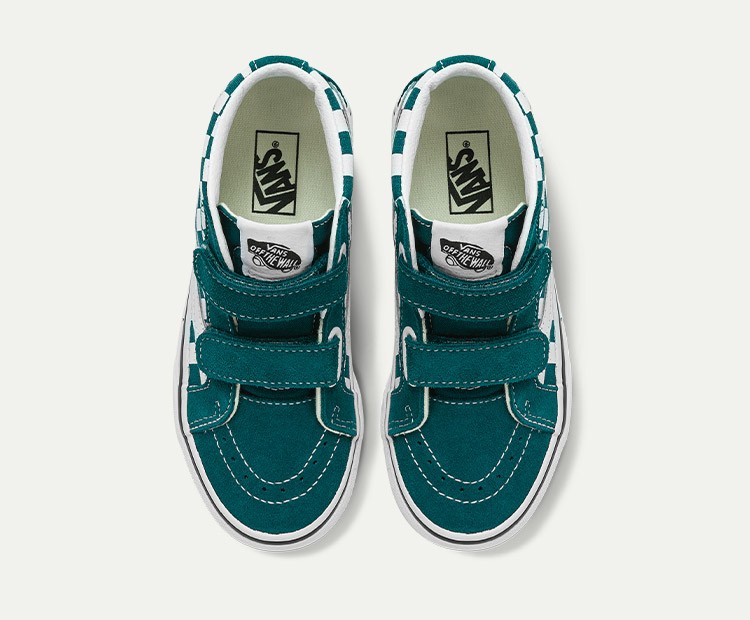 vans童鞋官方 sk8-mid v绿白棋盘格魔术贴中大童板鞋运动鞋 绿色2f绿