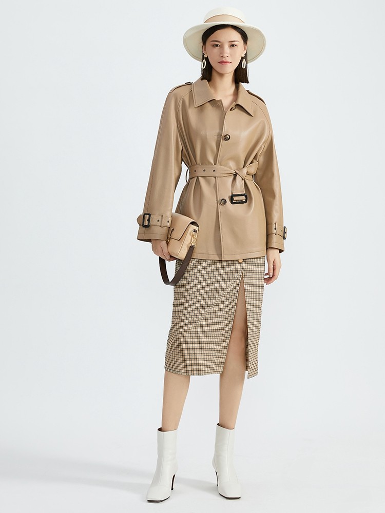 哥弟女装2021秋季新款廓形绵羊皮风衣式宽松系带皮衣女外套a400493