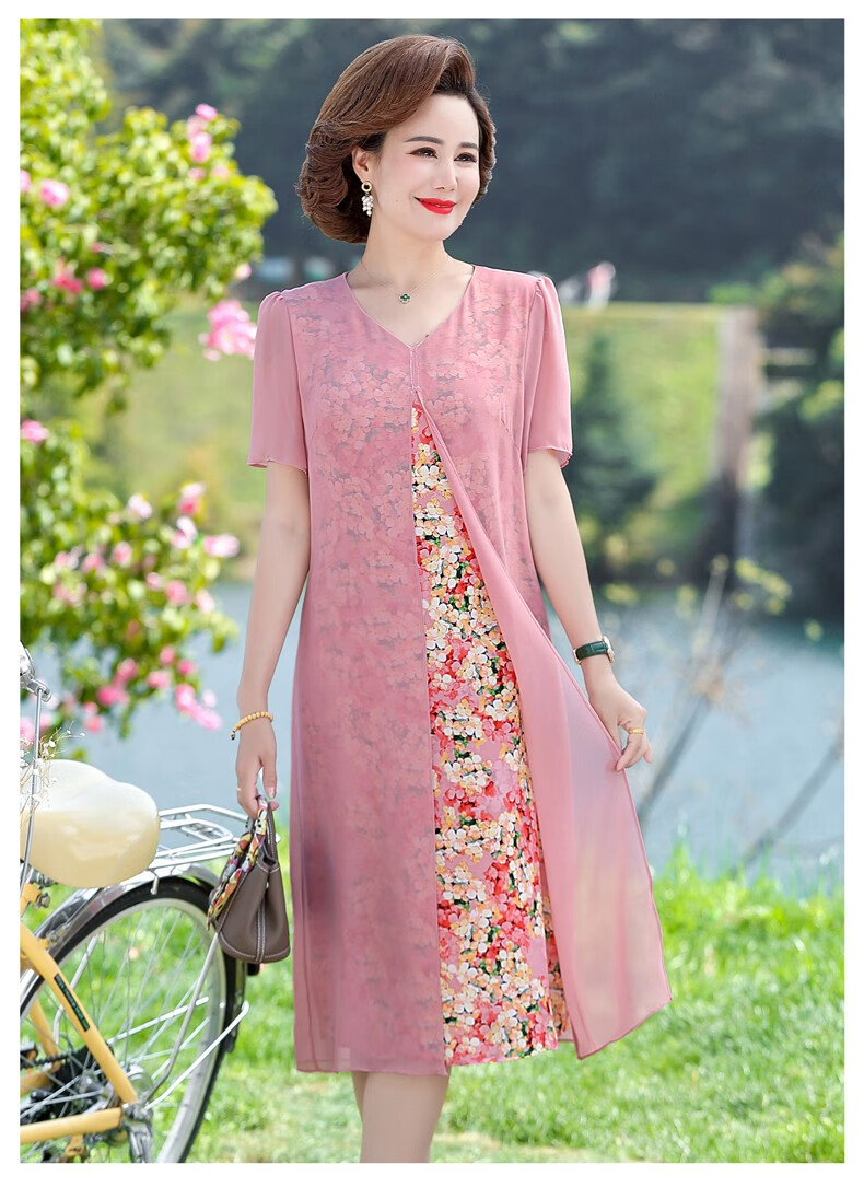 称美中老年女装夏装短袖连衣裙405060岁新款中年妈妈装夏季雪纺裙子中