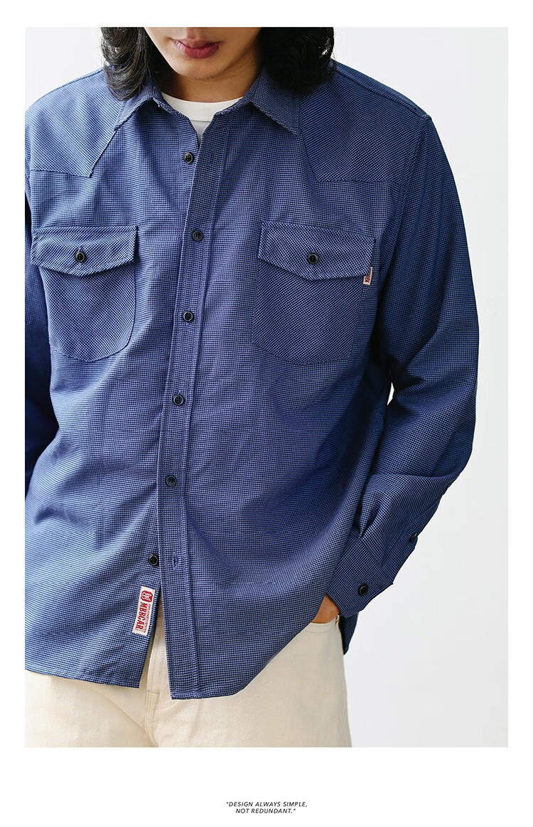 高端限定美式复古阿美咔叽衬衫 特殊肌理古着工装衬衣mbbcar窄幅 蓝色