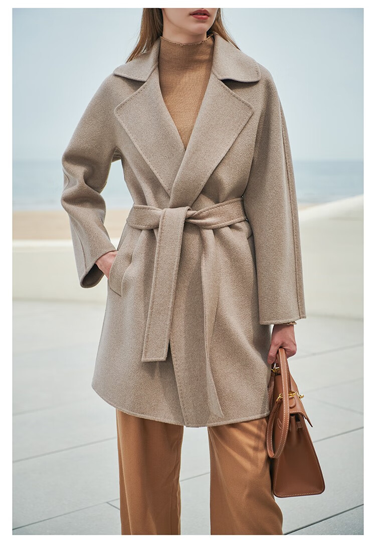 瑟俐品牌燕麦色双面羊绒大衣女中长款2022年水波纹高端羊毛呢外套秋冬