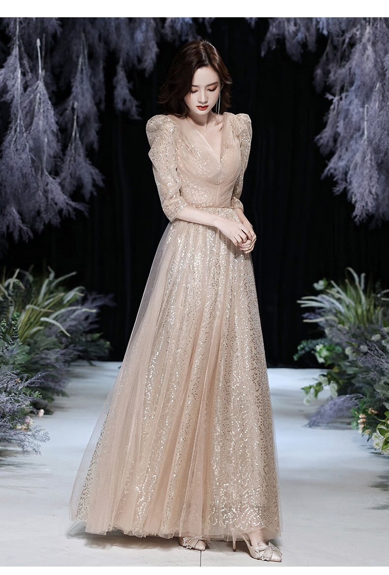 轻奢名媛晚礼服裙女2021新款高级质感气质长款连衣裙年会显瘦高端香槟