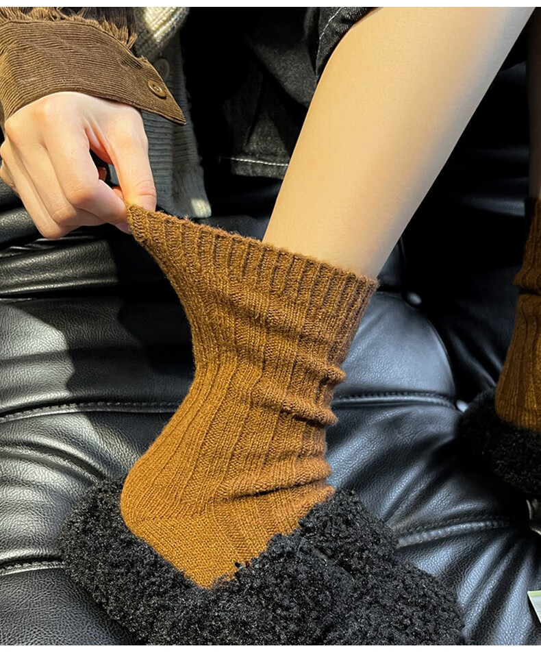 女中筒袜秋冬季保暖棉毛巾袜鹿茸纱中筒女士长袜 巧克力 黑色 军绿 米