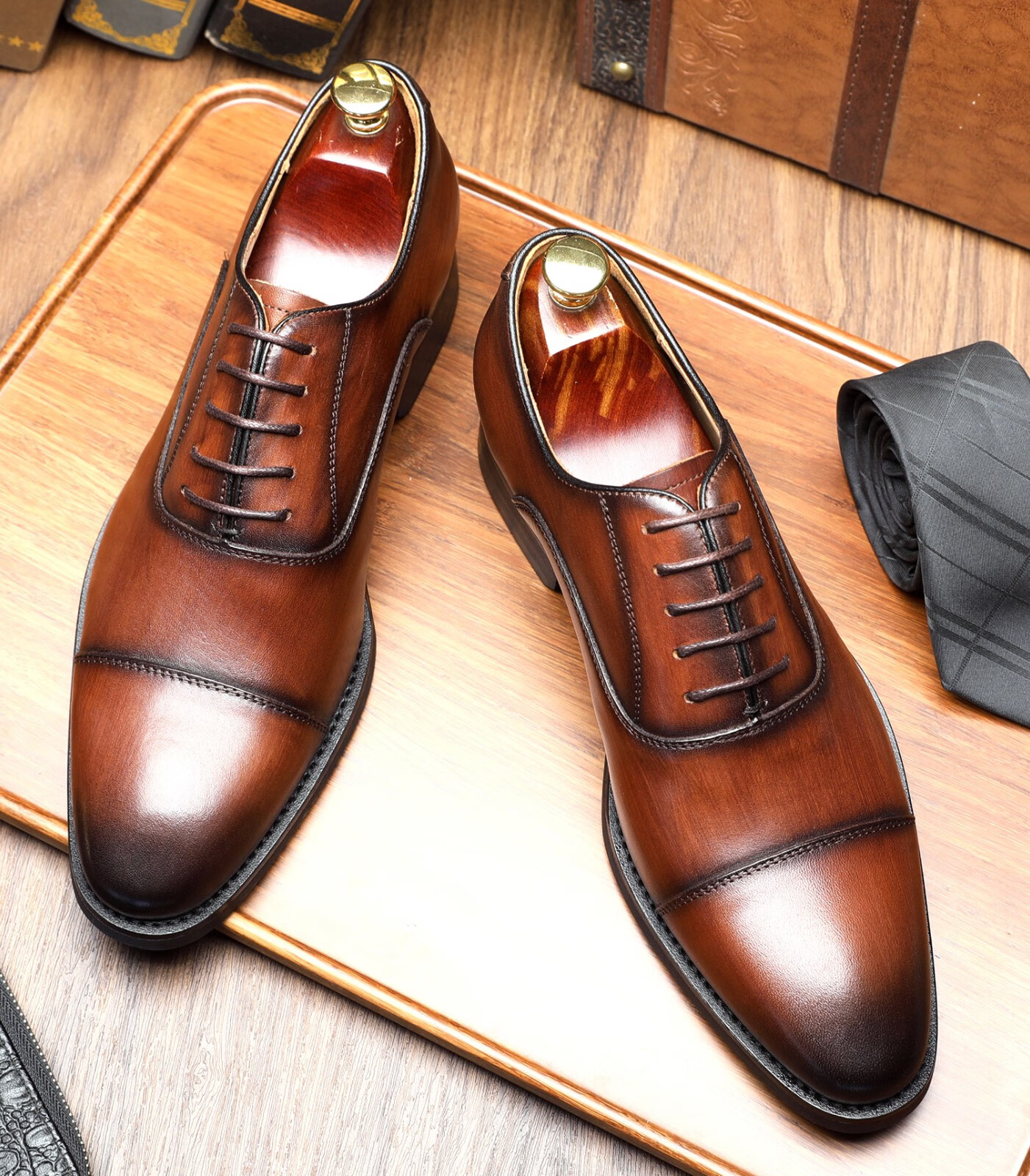 shencaizi申才子男鞋三接头商务皮鞋男士正装鞋英伦风系带拉丝工艺头