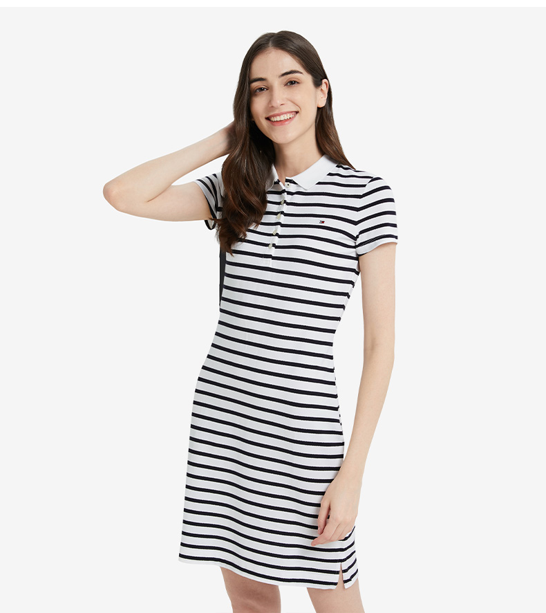 tommy春夏女装休闲绣标条纹弹力修身显瘦polo领连衣裙ww0ww27856蓝白