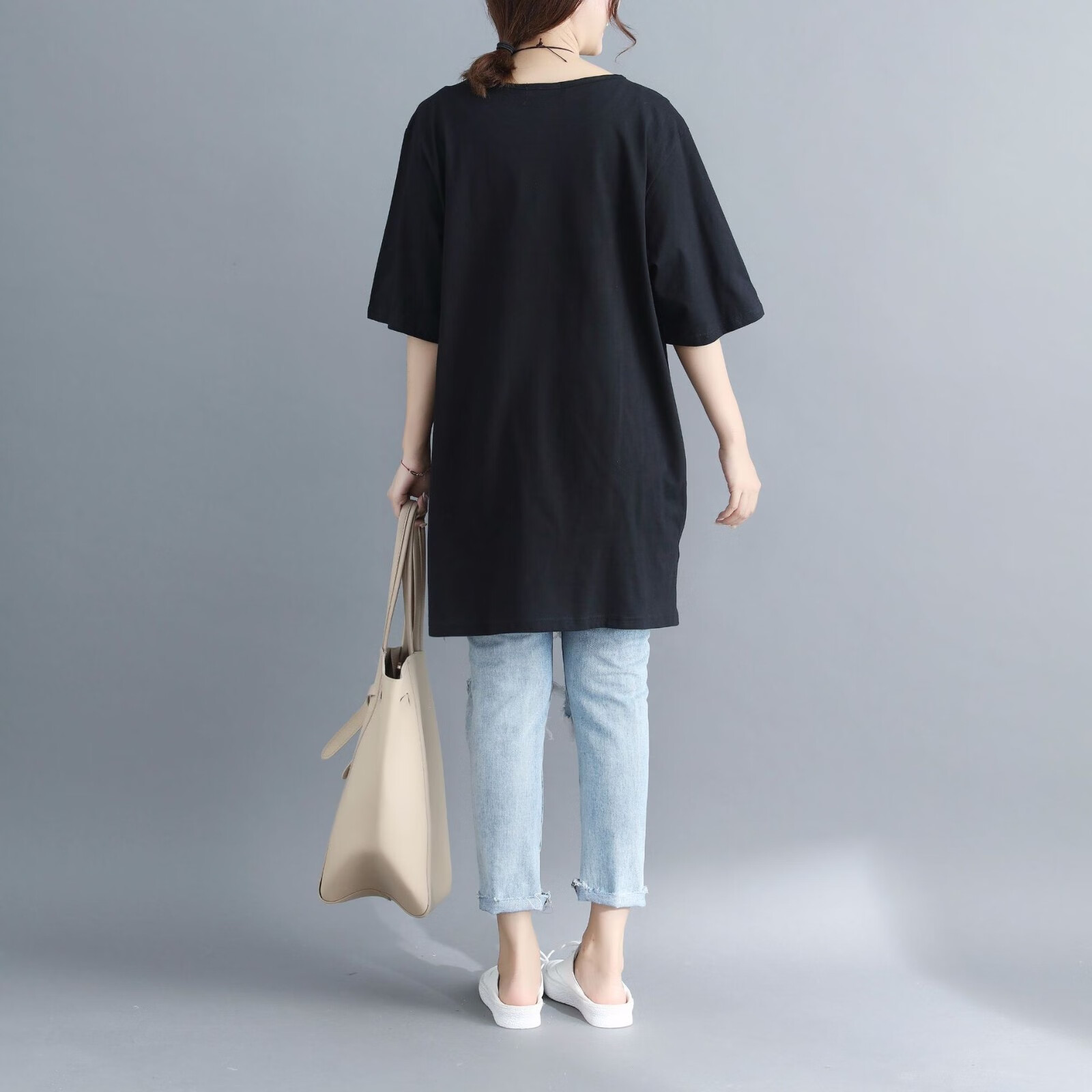 时尚短袖肥胖女人穿的遮肚子宽松显瘦中长t恤女上衣胖妹穿搭黑色3xl