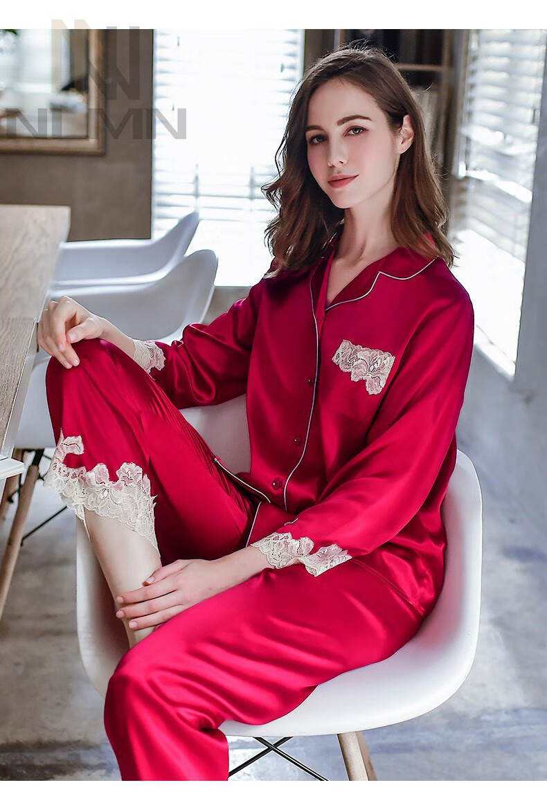 nlmn 重磅真丝睡衣女新款两件套装长袖桑蚕丝睡衣大码家居服 红色 xl
