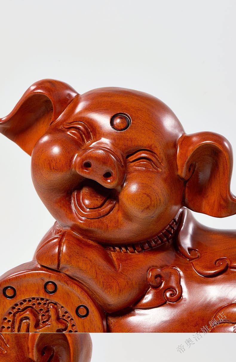 帝奥洁花梨木雕福财猪摆件一对实木雕刻生肖动物猪家居客厅酒柜书房