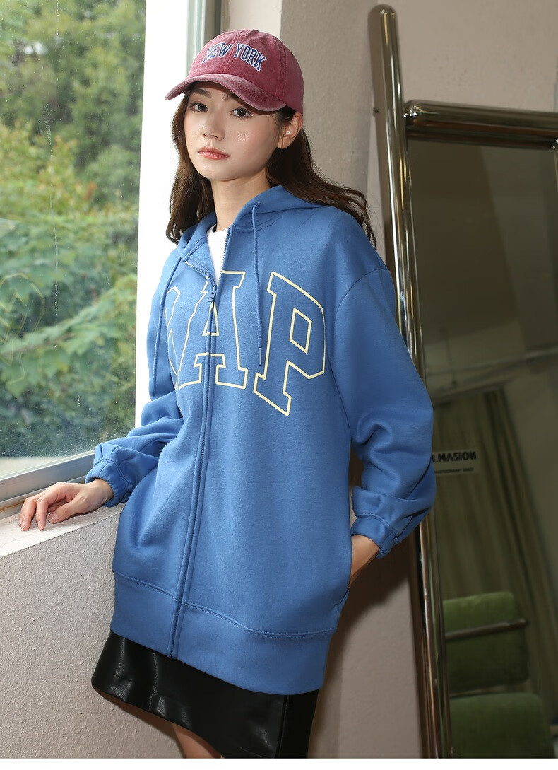 gap女装秋季2022新款logo碳素软磨抓绒卫衣445856宽松运动连帽衫 海