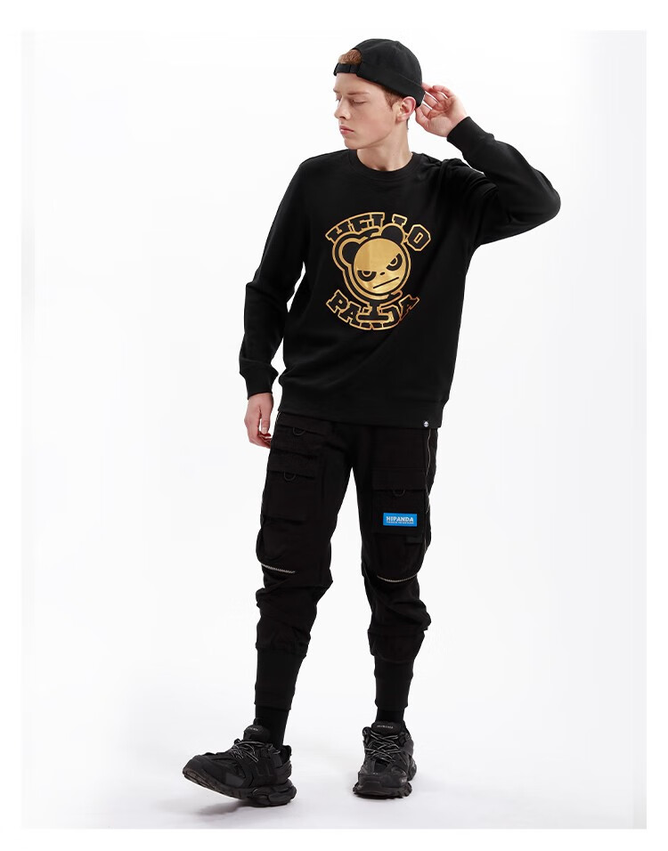 hipanda你好熊猫 卫衣男春秋地球仪前胸印金套头衫长袖圆领卫衣街头