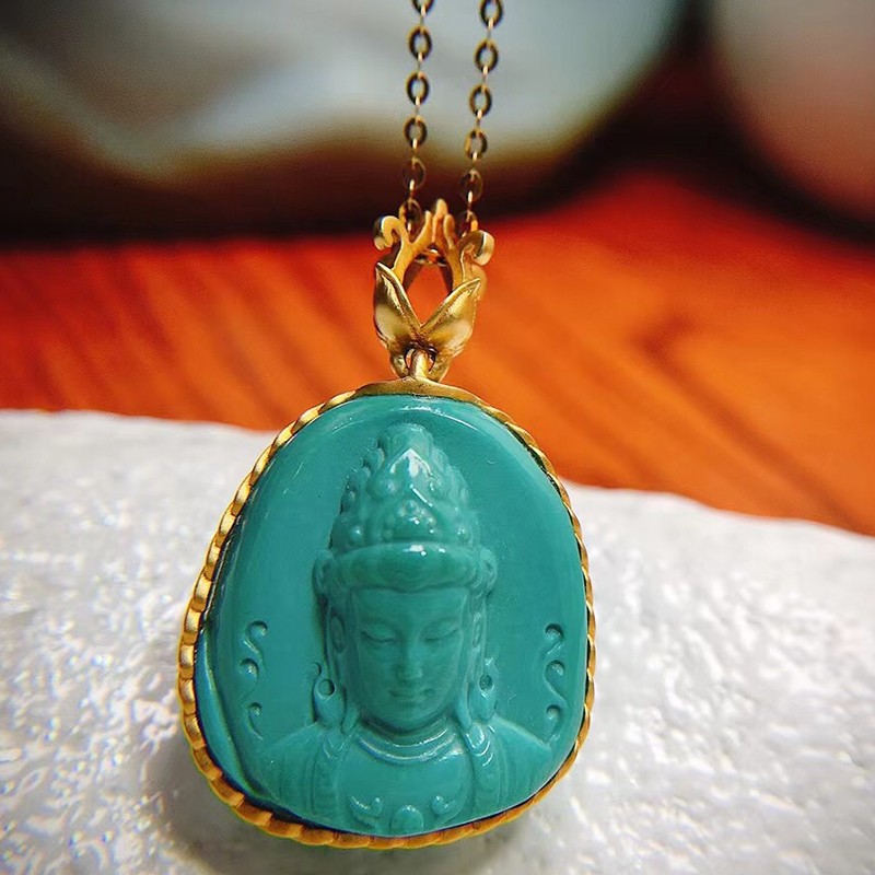 慈心缘 绿松石高瓷玉化料观音吊坠 18k金镶嵌工艺精湛男女玉石玉器