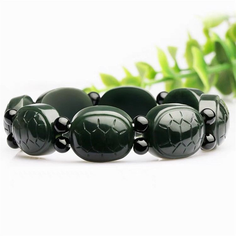 湦水饰阁 和田玉手链男款玉石乌龟壳手串福寿黑青玉手排送礼带证书