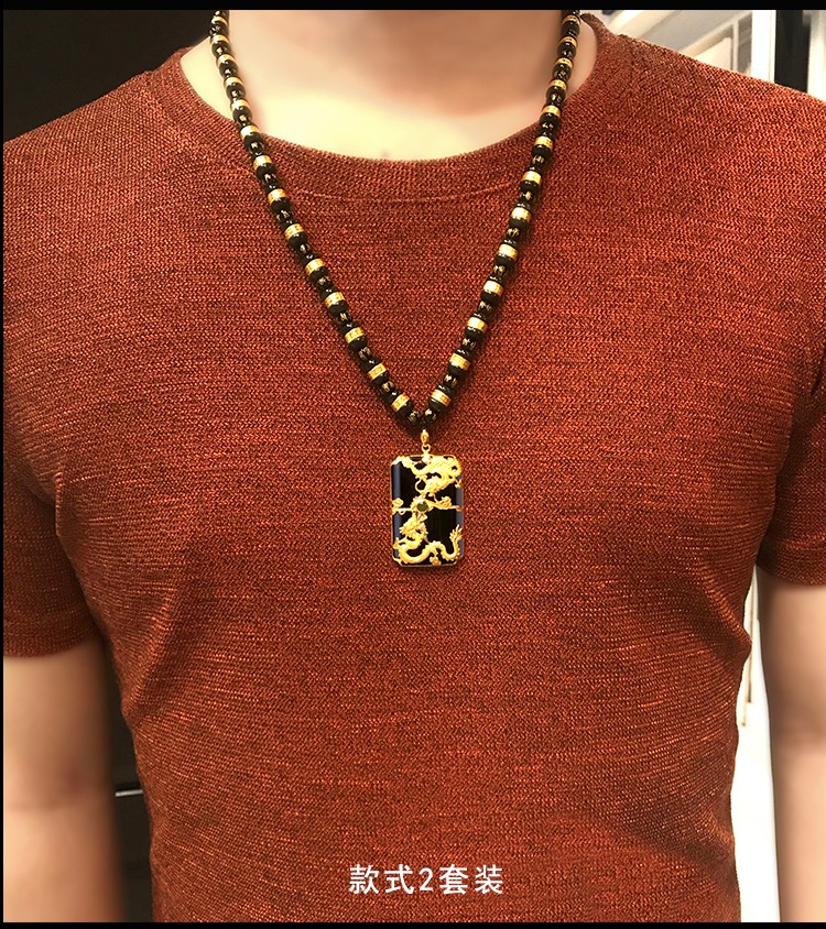 玉悦东海 金镶玉吊坠足金和田玉白玉墨玉生肖个性双龙黄金项链男女款
