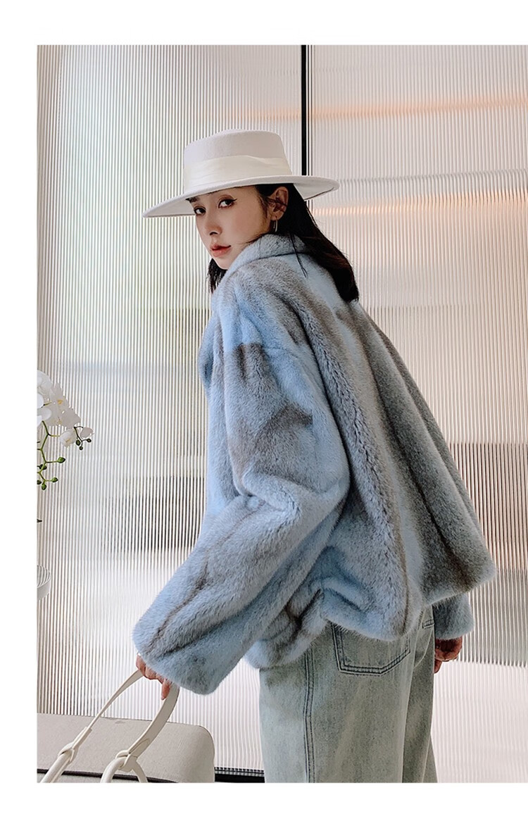 狄派斯 进口银蓝十字貂整貂皮草外套大衣女士时尚休闲水貂裘皮草短款