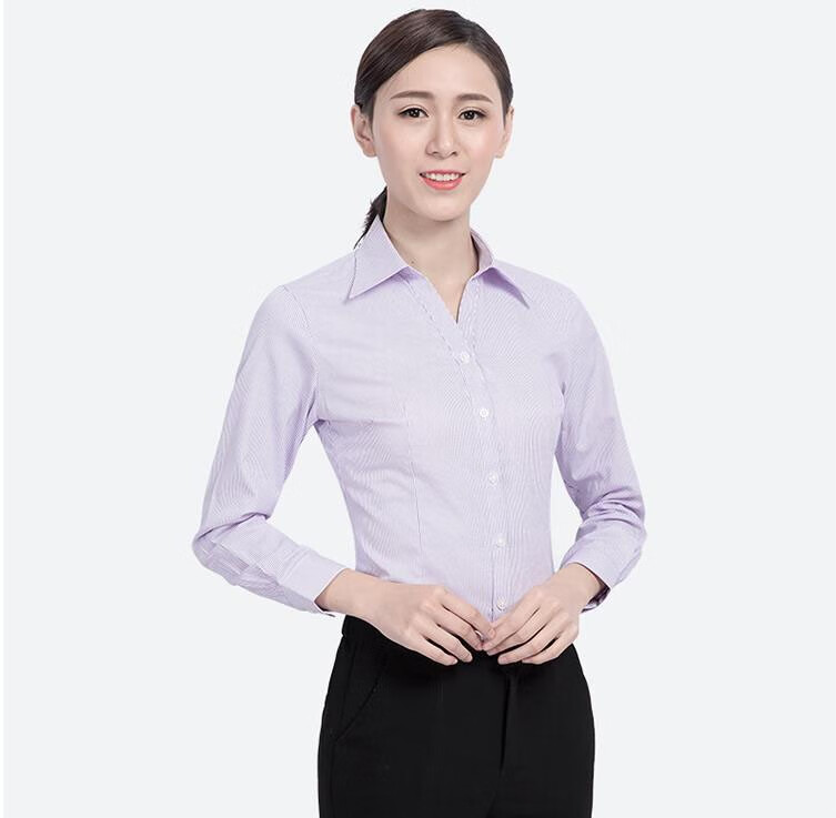 菡卿(hanqing)职业装衬衣女式正装领白底蓝色竖条纹长袖衬衫修身方领