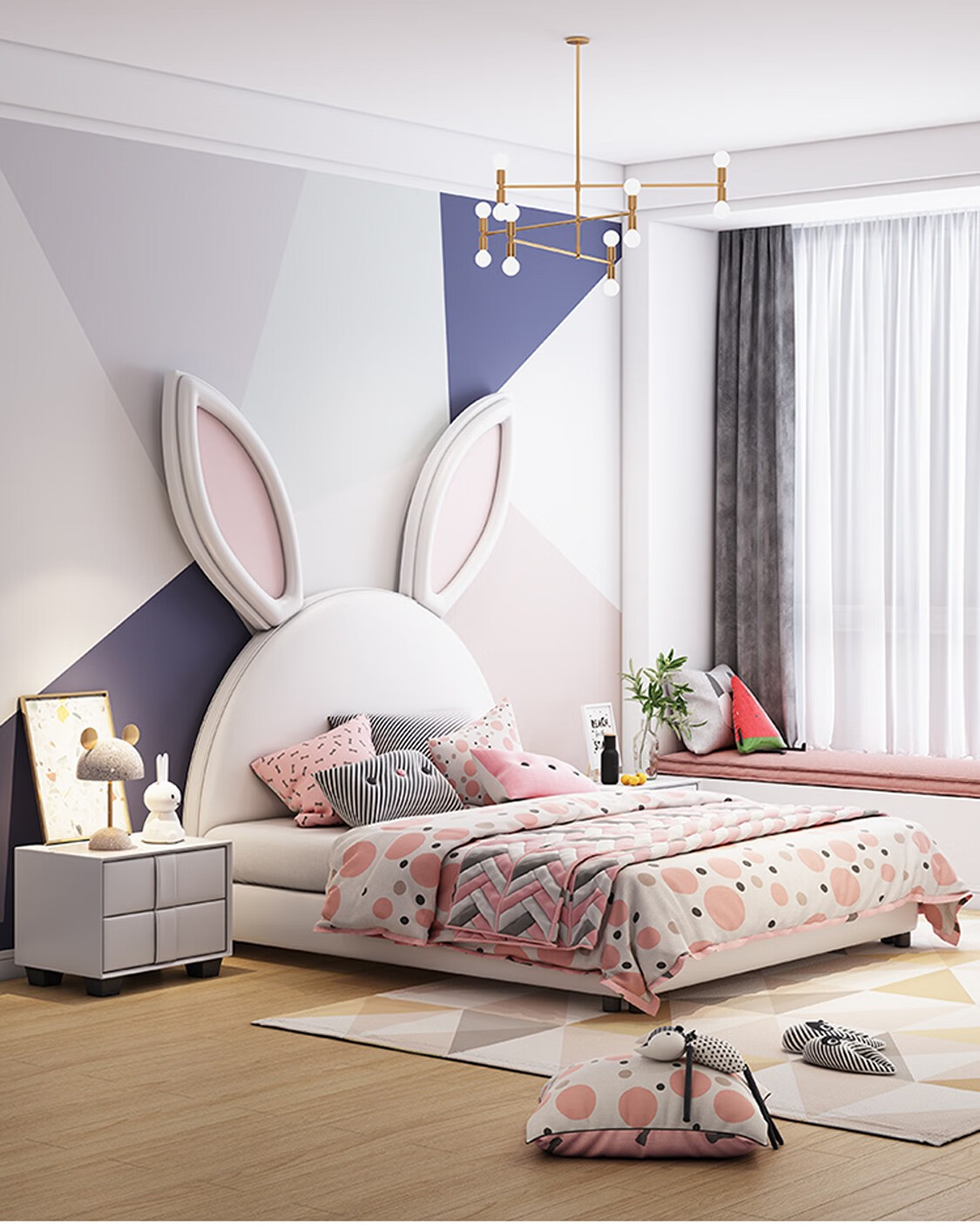 西屋艺素北欧兔子床少女ins风网红床儿童床粉色女孩女生公主床梦幻12