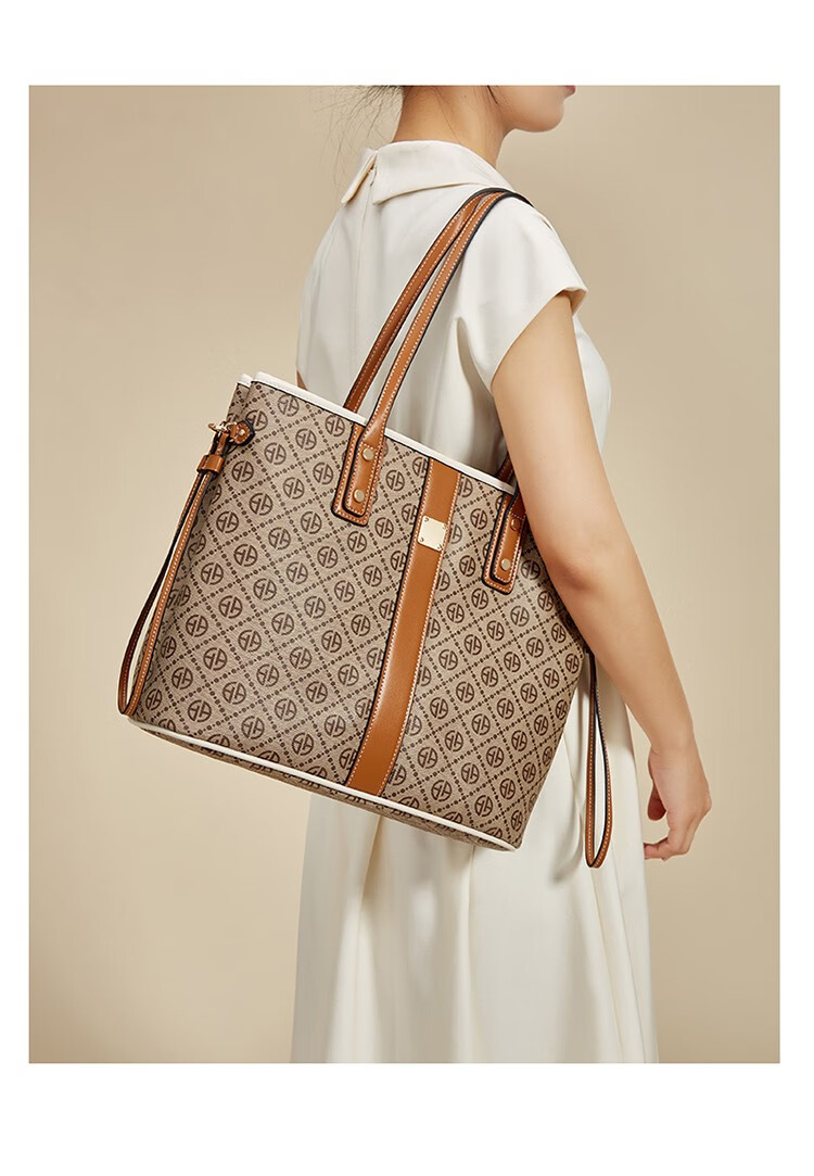 奥康包包女2022新款复古印花大容量洋气托特包单肩百搭手提包棕色