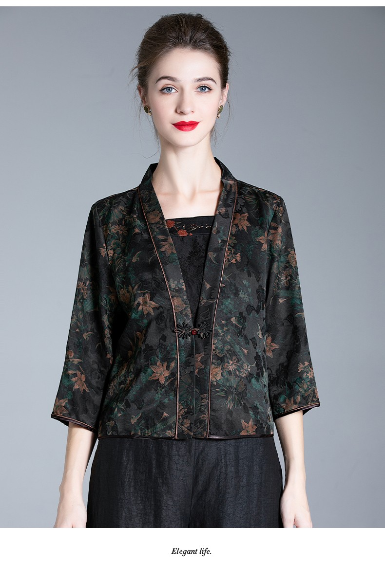 衣路香随中式真丝香云纱上衣女九分袖2021秋季新款复古盘扣桑蚕丝短