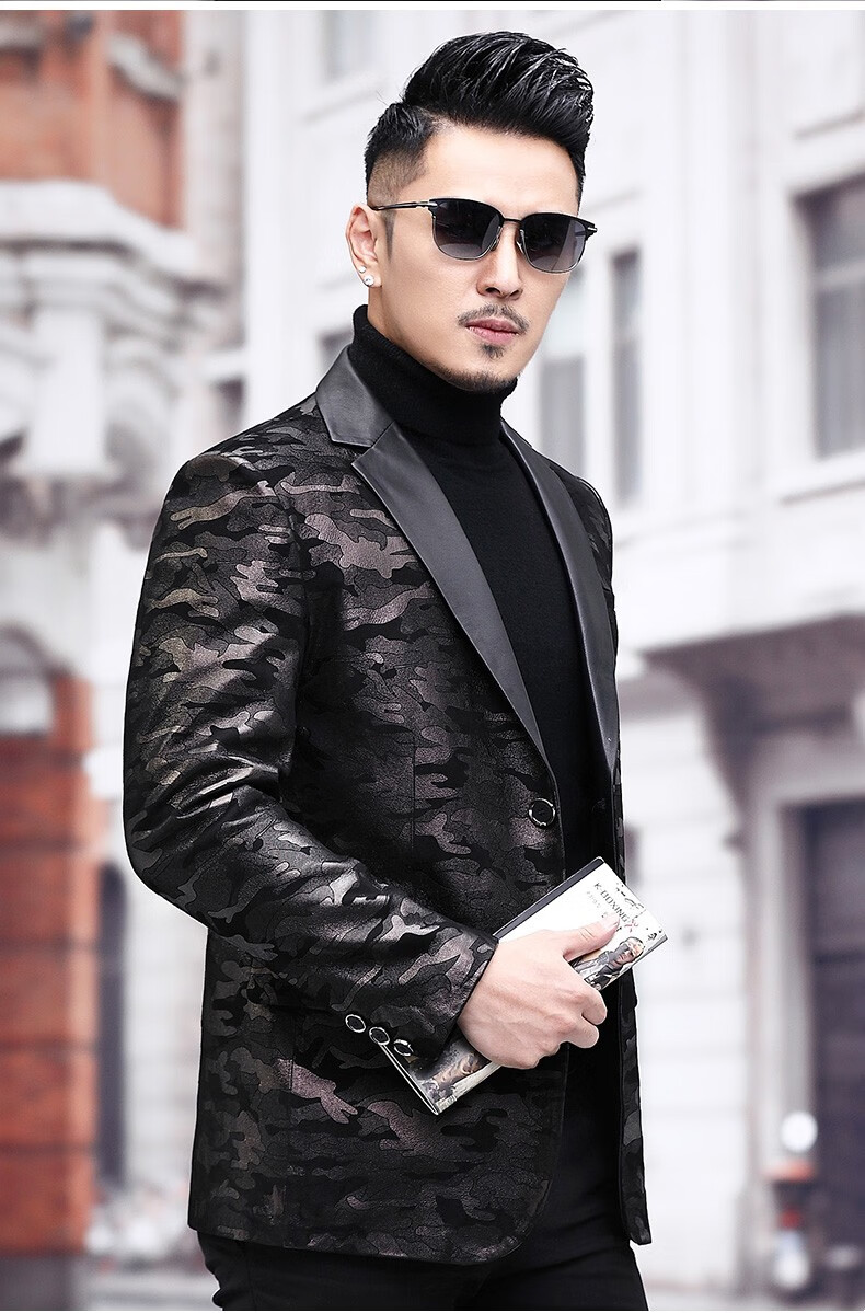 拉蒂奢侈品牌男装印花绵羊皮皮西服真皮皮衣男士韩版修身皮西装帅气皮