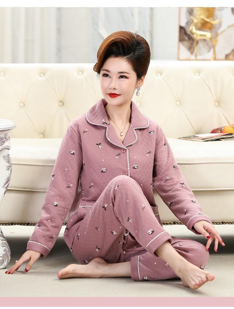 老年睡衣女空气棉夹层长袖妈妈家居服套装秋冬季套装k5519夹层女士2xl