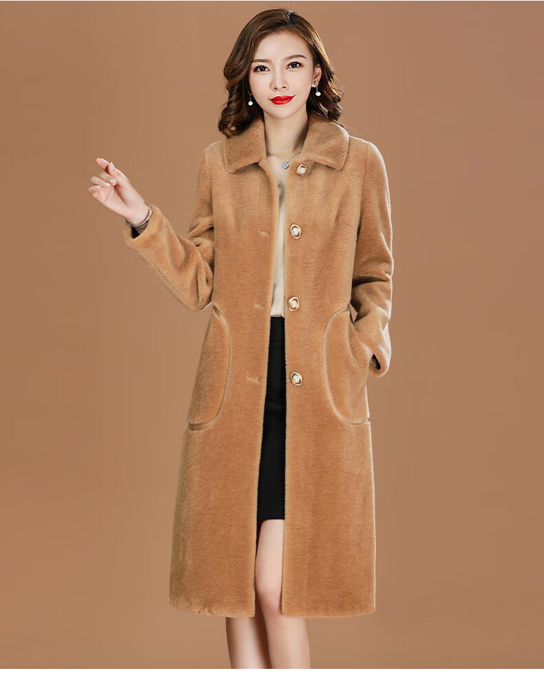 2019新款秋冬海宁复合皮毛一体羊剪绒颗粒绒中长款修身显瘦羊毛大衣女