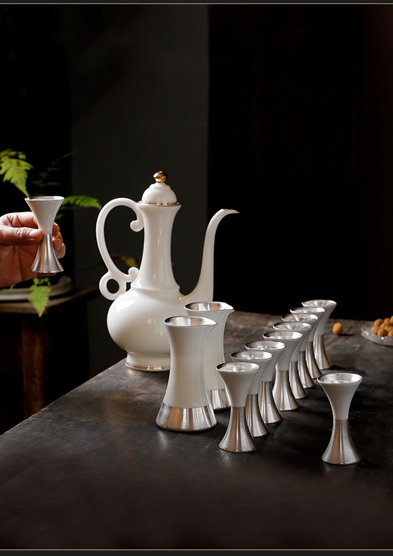 裕尚礼鎏银酒杯白酒杯酒具套装家用羊脂玉高档纯银仿古中式酒壶陶瓷