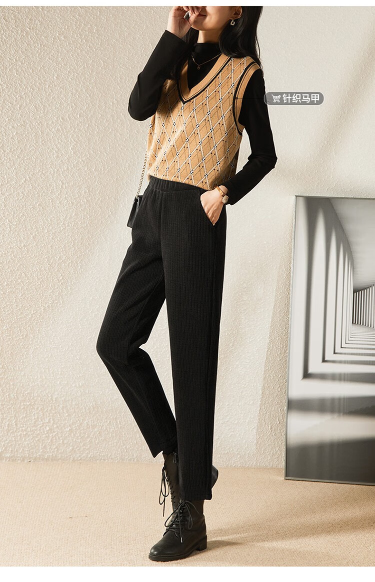 娅丽达女裤黑色灯芯绒哈伦裤加绒裤子女2022冬新款裤子小个子老爹裤